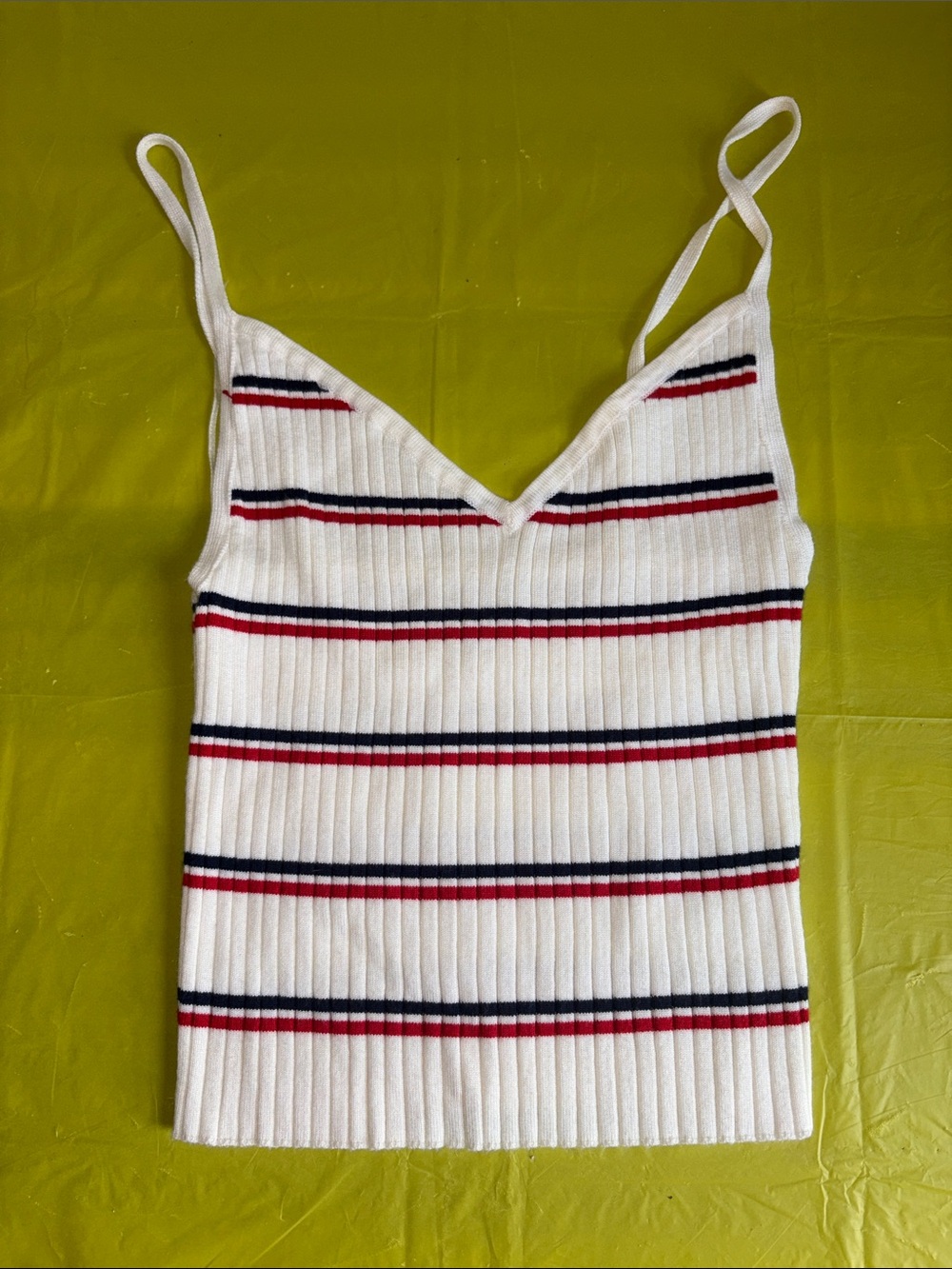 Kendall & Kylie White Ribbed V-Neck Cami with Navy & Red Stripes
